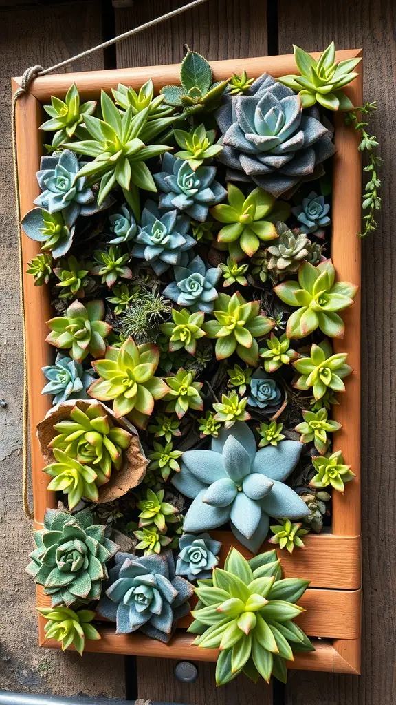 21 Stunning Indoor Plant Wall Designs Featuring Succulents 6 Vertical succulent garden framed in wood with various succulents arranged beautifully.