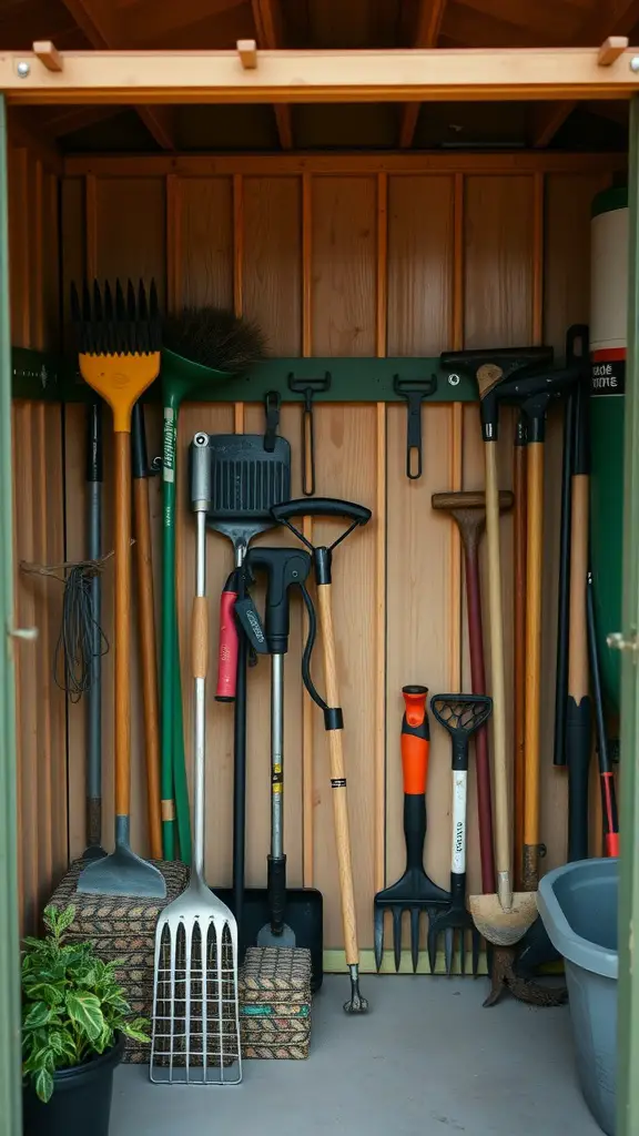 23 Genius Shed Organization Tips for Small Spaces 6 An organized shed with vertical tool storage featuring various gardening tools neatly arranged on wooden walls.
