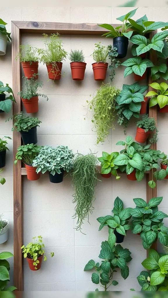 23 Creative Indoor Herb Garden Ideas to Freshen Up Your Space 5 A vertical wall garden with various herbs in small pots arranged on a wooden frame.