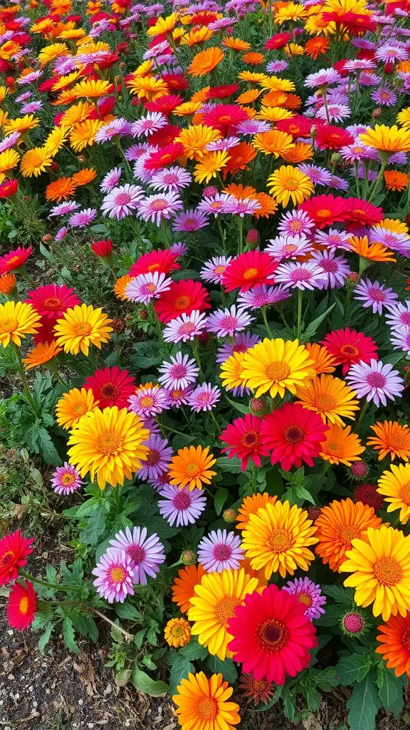 A vibrant flower bed featuring an array of orange, red, and purple daisies and gerbera daisies.