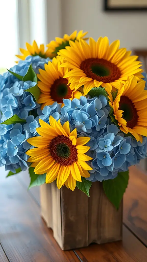 A centerpiece featuring blue hydrangeas and yellow sunflowers in a wooden container.