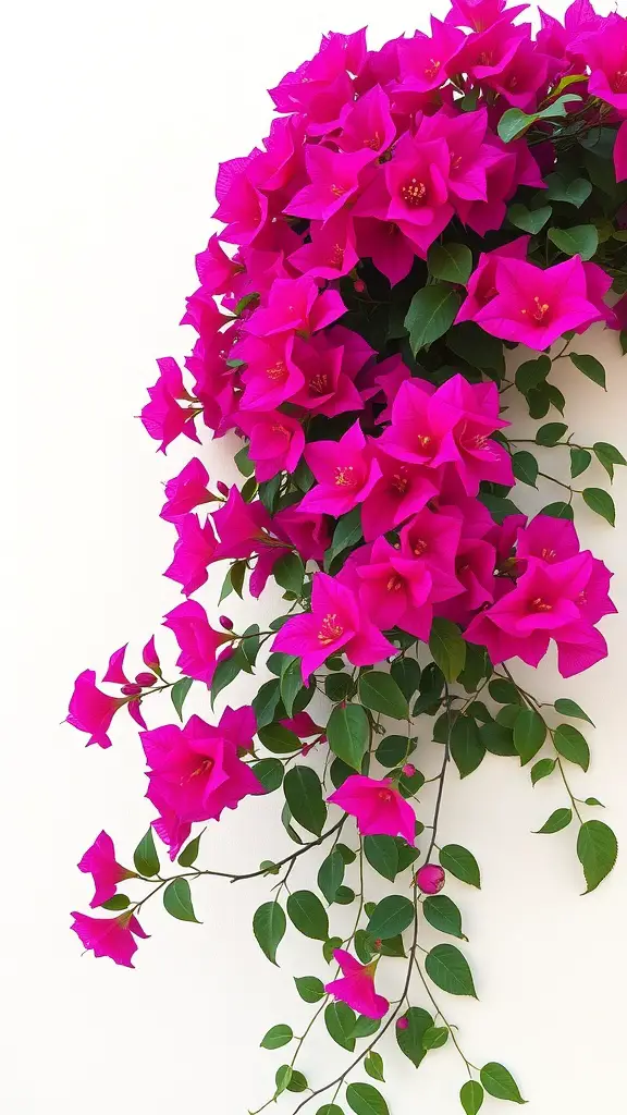 19 Colorful Plant Ideas to Brighten Your Space 5 A vibrant display of bougainvillea flowers with bright pink petals and lush green leaves.