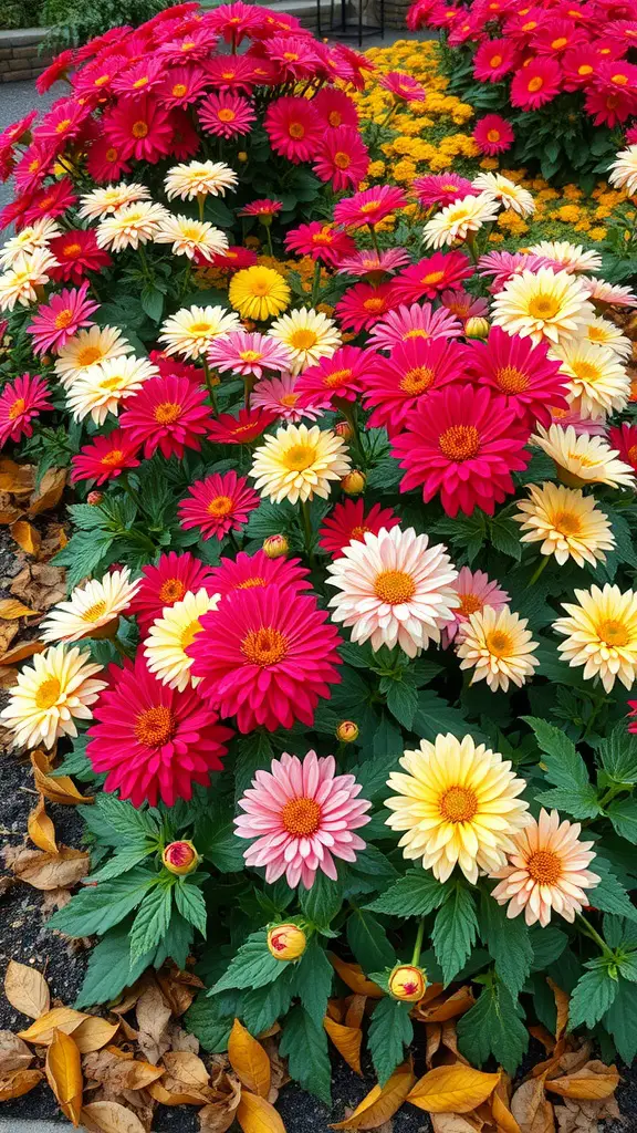 23 Stunning Fall Flower Garden Ideas to Transform Your Outdoor Space 9 Colorful display of chrysanthemums in shades of pink, white, and yellow surrounded by autumn leaves