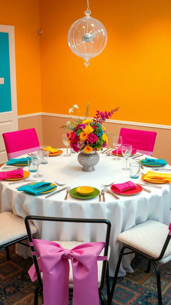 23 Creative Round Dining Table Ideas for Your Home 7 A round dining table set with colorful plates and a vibrant flower centerpiece against bright orange walls.