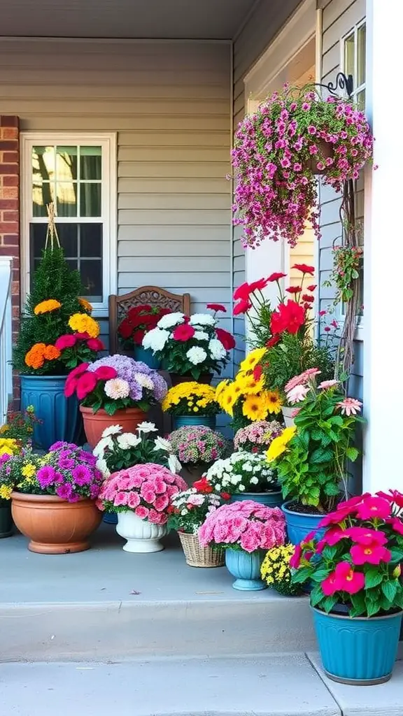 13 Stunning No Grass Front Yard Ideas for a Low-Maintenance Landscape 7 A colorful arrangement of flowers in various containers on a porch.