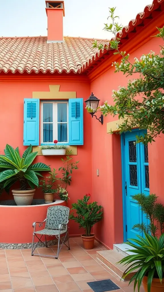 19 Beautiful Exterior House Colors to Transform Your Home 14 A house with vibrant coral walls and blue shutters, showcasing a Mediterranean style.