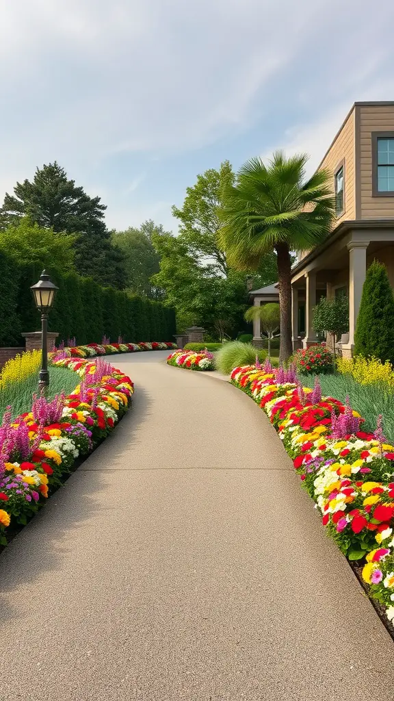 21 Stunning Long Driveway Landscaping Ideas You’ll Love 5 A long driveway with vibrant flower beds in various colors, creating a welcoming atmosphere.