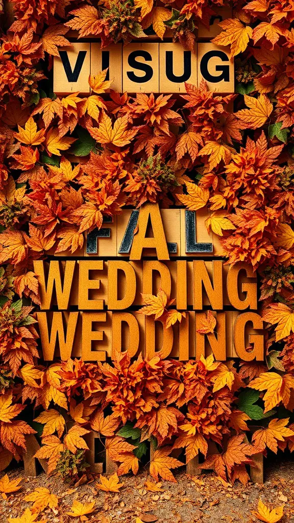 Colorful autumn leaves forming a backdrop with wooden letters spelling 'FALL WEDDING'