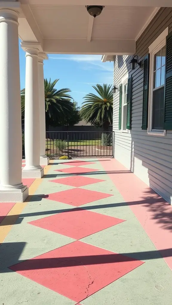 A concrete porch with vibrant geometric diamond patterns in pink, green, and yellow colors.