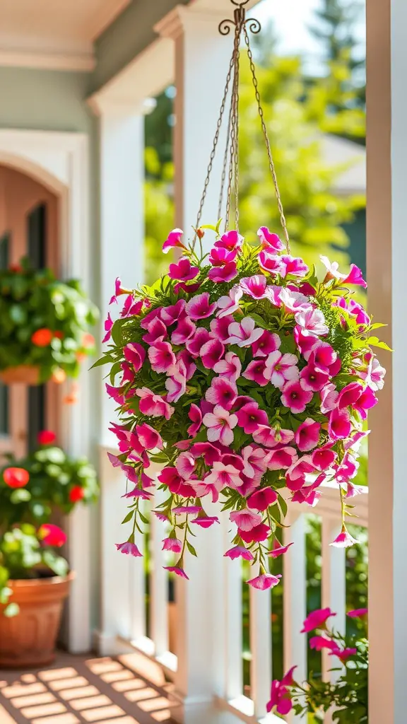 Vibrant pink Lobelia flowers in a hanging basket on a porch.