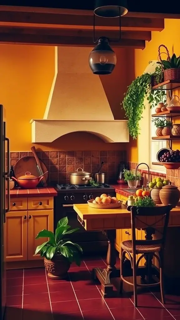 A cozy Tuscan kitchen featuring vibrant orange walls, rustic wooden cabinetry, a wooden table with fresh fruits, and green plants.