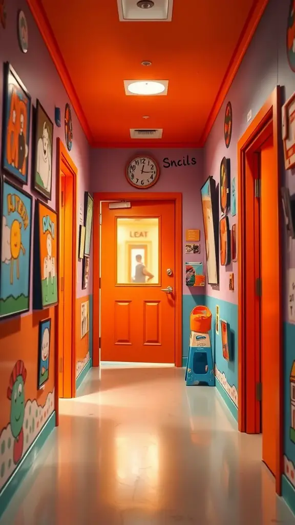 A vibrant orange door in a colorful hallway, showcasing a fun and lively atmosphere.