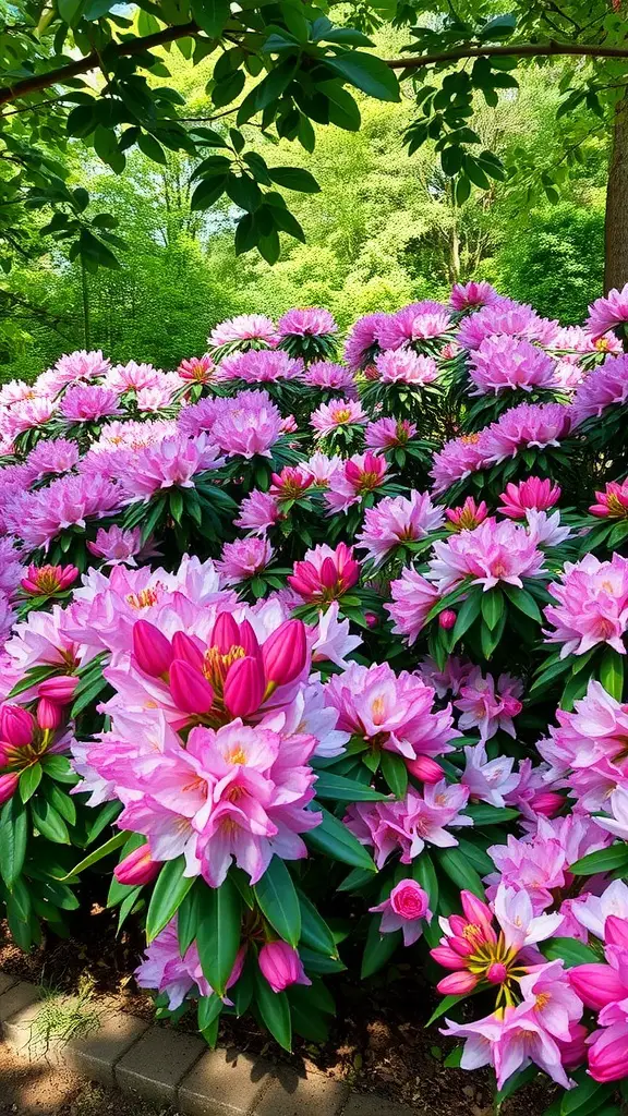 A vibrant display of pink rhododendron flowers in a lush green setting.