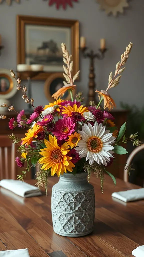 17 Stunning Flower Arrangement Ideas You’ll Love 9 A vibrant floral centerpiece featuring sunflowers, daisies, and colorful blooms in a textured vase.