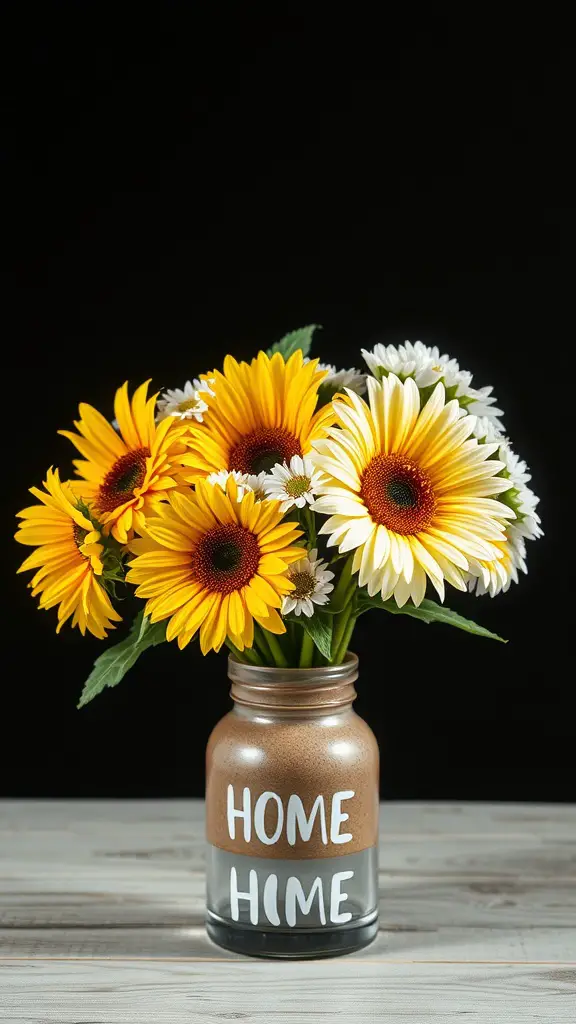 21 Stunning Flower Bouquet Ideas for Every Occasion 8 A flower arrangement with sunflowers and daisies in a jar labeled 'HOME'