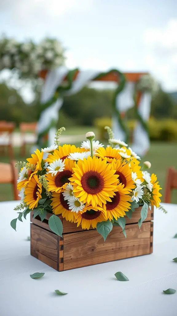 19 Stunning Wedding Floral Centerpieces to Inspire Your Big Day 10 A vibrant floral centerpiece featuring sunflowers and daisies in a rustic wooden box.