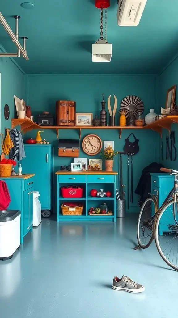 A vibrant teal garage featuring organized shelves, warm wooden accents, and a bicycle