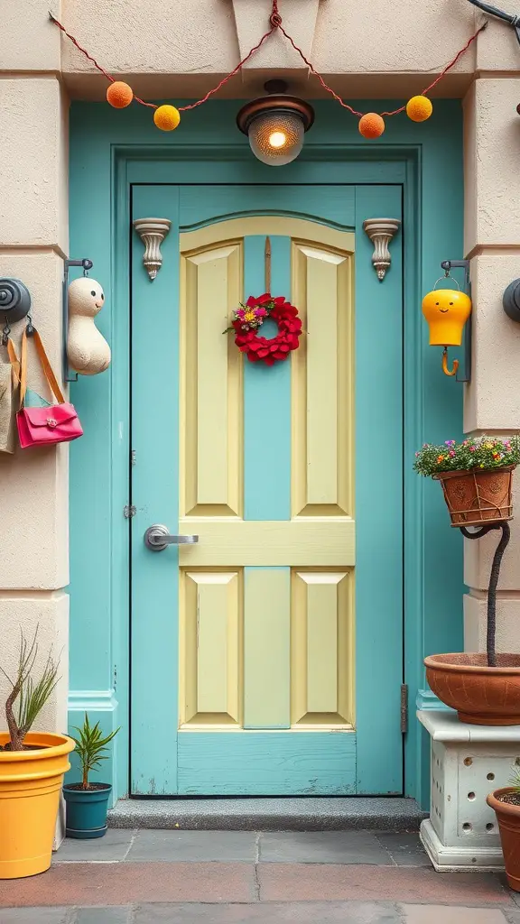 A vibrant turquoise front door with yellow accents, adorned with a wreath and decorative items.