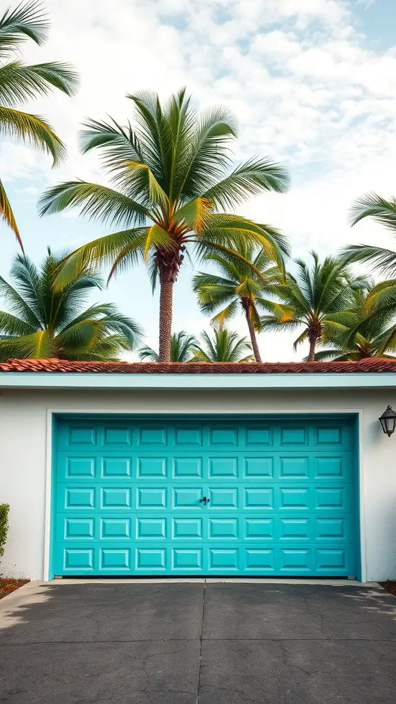 A bright turquoise garage door surrounded by palm trees against a clear sky.