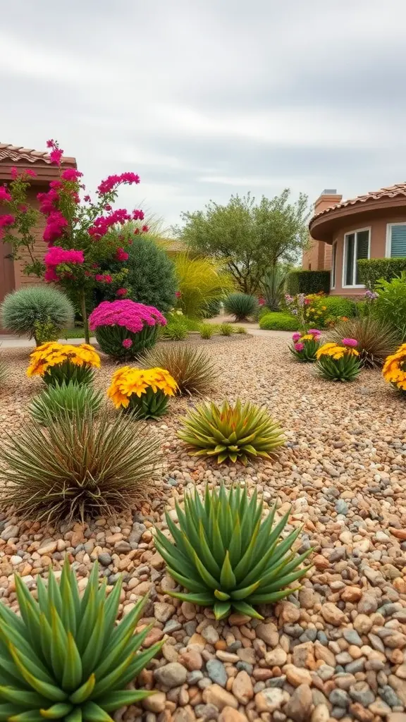 17 Stunning Modern Front Yard Landscape Designs You Need to See 8 A vibrant xeriscaped front yard featuring colorful flowers and succulent plants surrounded by decorative gravel.