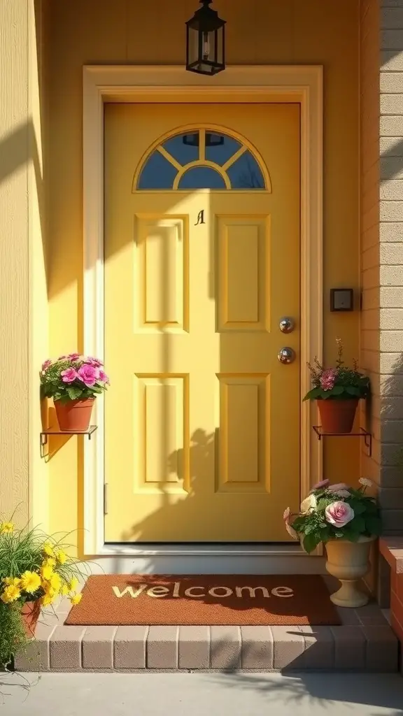 A vibrant yellow door with a welcome mat and flower pots