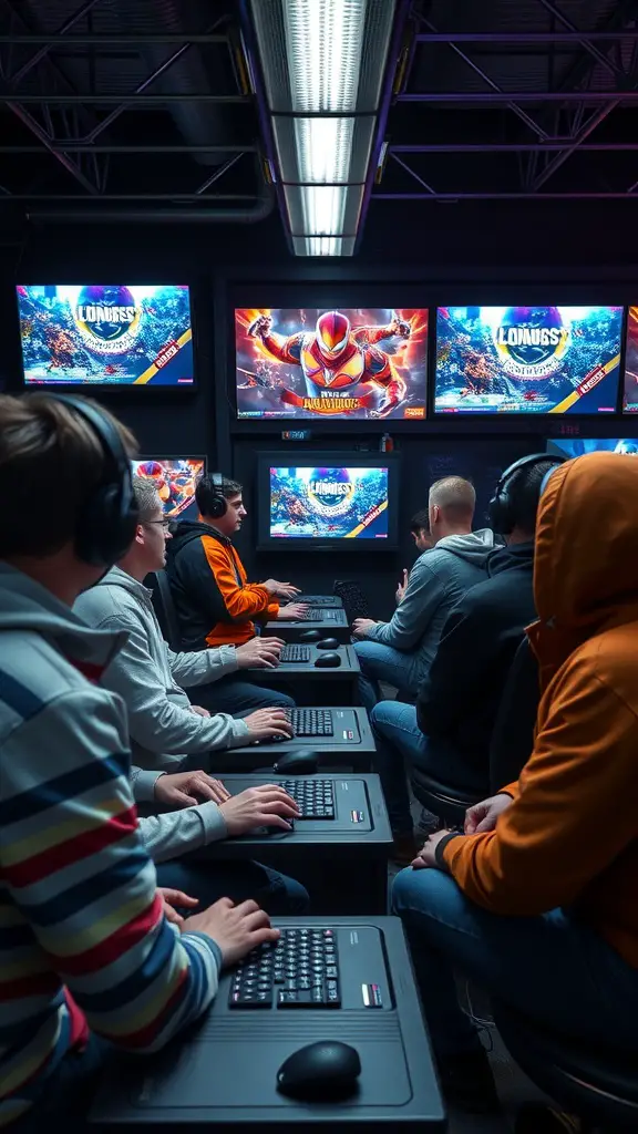 19 Fun Games for Adults to Enjoy at Your Next Gathering 13 A group of gamers participating in a video game tournament, seated at computers with headphones on, focused on their screens.