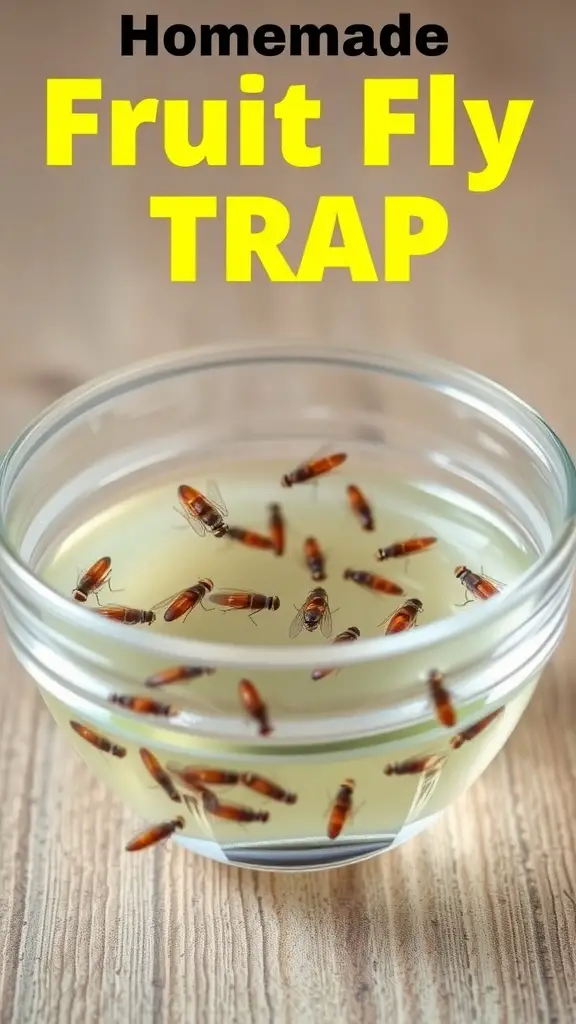 Homemade fruit fly trap with vinegar and dish soap, showing trapped flies.