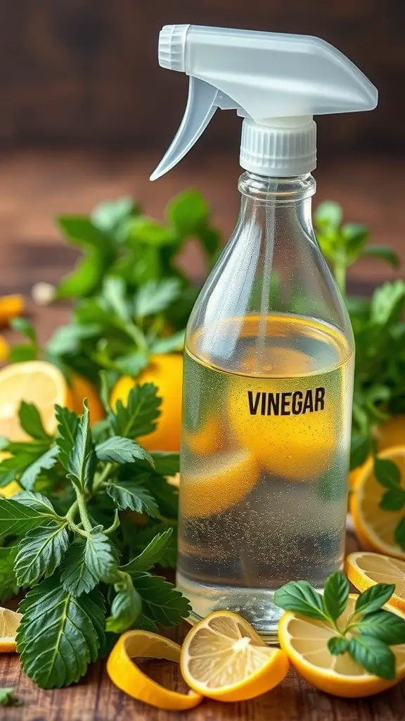 15 Effective DIY Indoor Ant Repellents You Can Make at Home 10 A spray bottle with vinegar, surrounded by lemon slices and mint leaves