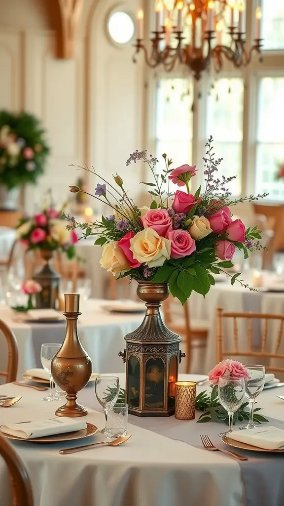 21 Stunning Indoor Wedding Ideas You've Got to See 5 A vintage-inspired wedding centerpiece featuring a floral arrangement of pink and cream roses in an antique lantern, set on an elegantly decorated table.
