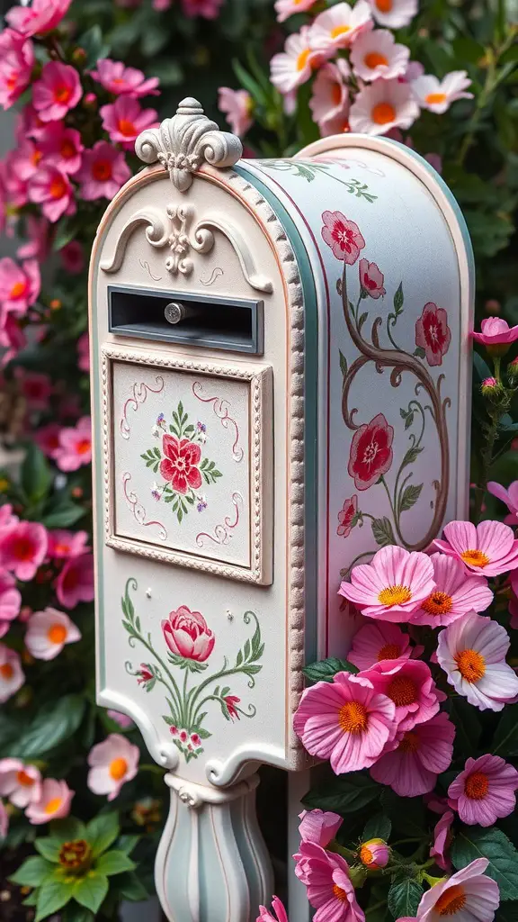 Vintage-inspired mailbox with floral embellishments surrounded by pink flowers