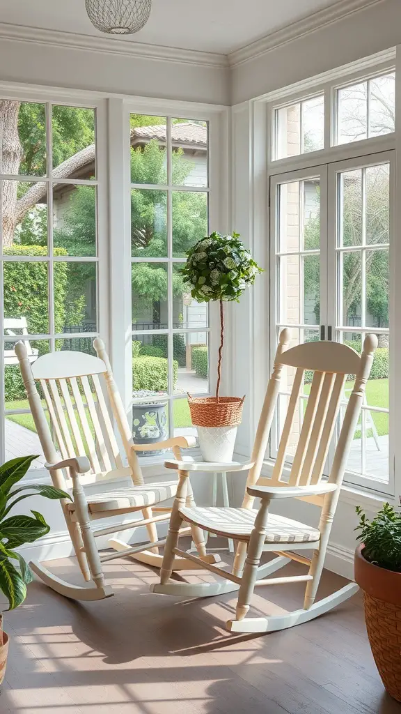 Two vintage-inspired rocking chairs in a sunroom with large windows and green plants