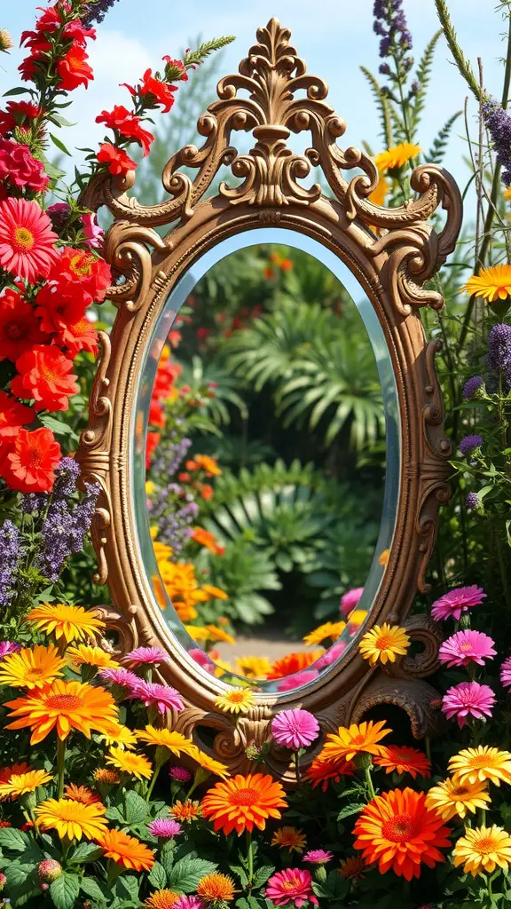 21 Stunning Garden Mirror Ideas to Transform Your Outdoor Space 9 A vintage-style mirror surrounded by colorful flowers in a garden