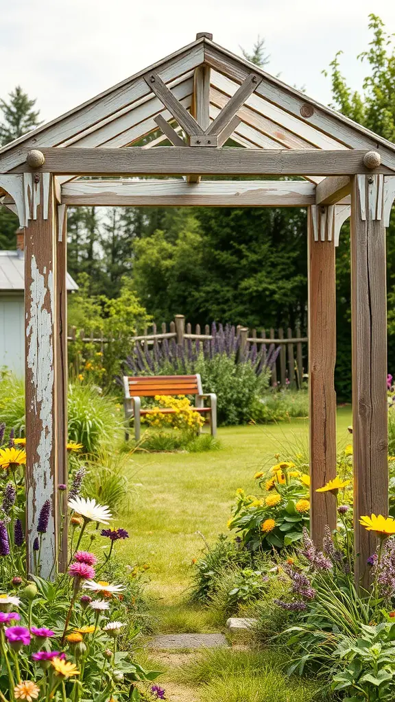 19 Creative Garden Arbor Ideas You’ll Love 8 A vintage garden arbor with weathered paint, surrounded by colorful flowers and leading to a bench.
