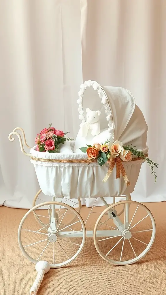 29 Adorable Baby Shower Centerpiece Ideas You’ll Love 11 A vintage baby carriage display decorated with flowers and a teddy bear