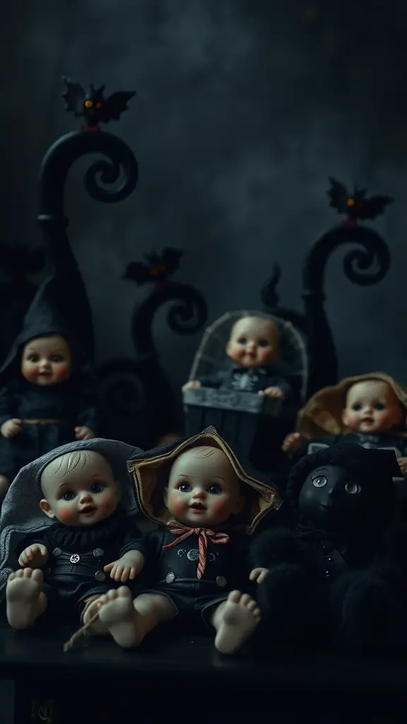 21 Spooktacular Goth Baby Shower Ideas You’ll Love 8 A collection of vintage-style dolls with gothic elements, displayed on a shelf for a baby shower.