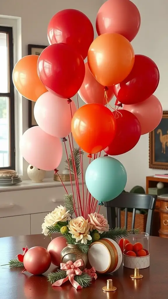 A colorful vintage balloon centerpiece featuring red, pink, and teal balloons, decorated with flowers and ornaments.