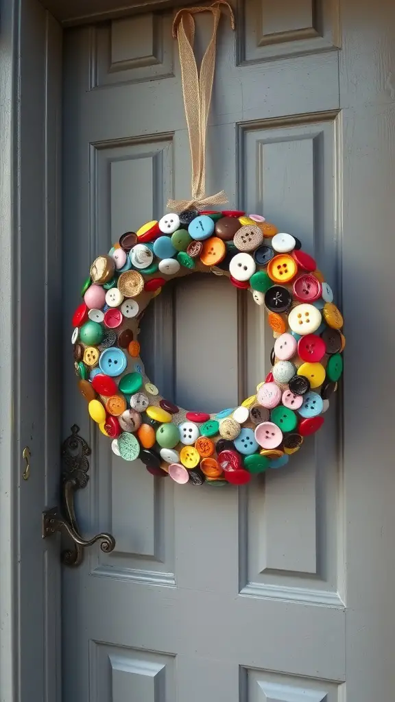 13 Stunning DIY Wreaths to Welcome You Home 13 A colorful wreath made of various vintage buttons hanging on a door.