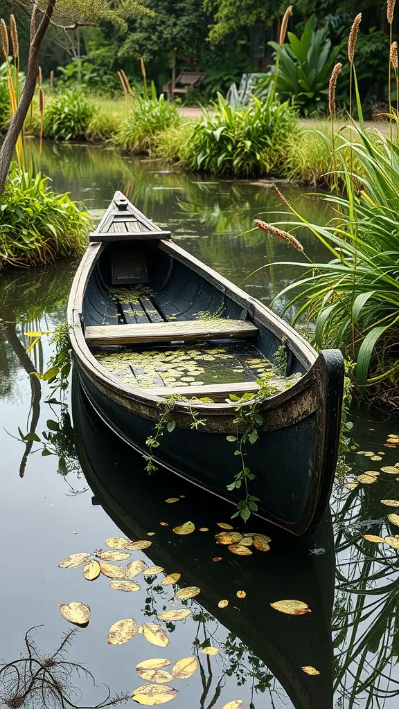 21 Creative Garden Ideas Using Used Boats 7 A vintage canoe resting on a tranquil pond surrounded by greenery and water plants