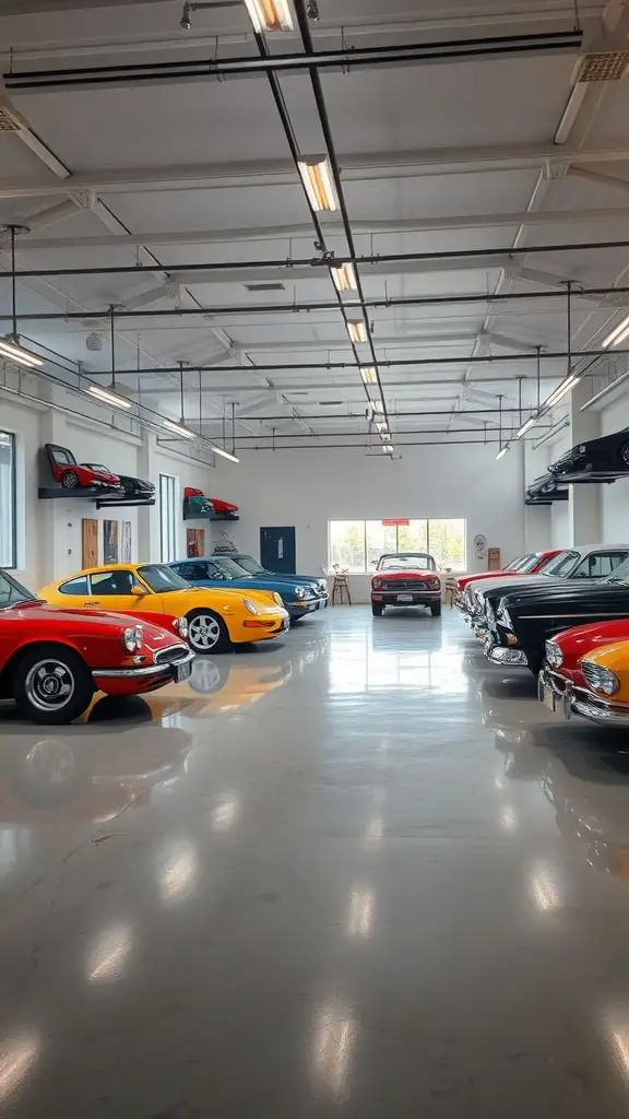 27 Creative Garage Hangout Ideas for Ultimate Chill Time 15 A spacious vintage car showroom featuring various classic cars displayed in a well-lit environment.