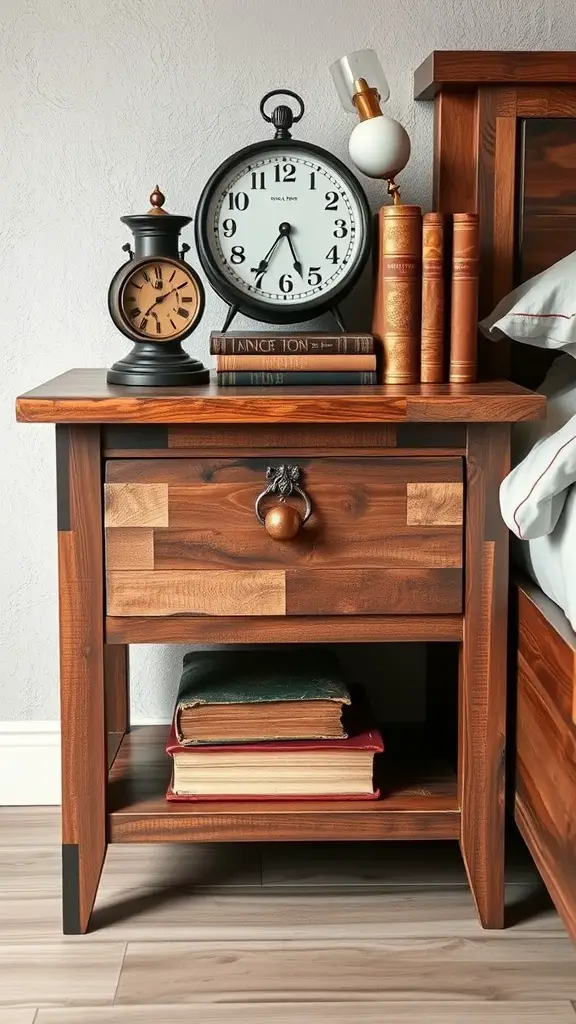 21 Stunning Bedside Table Ideas for Every Style 10 A vintage-inspired bedside table featuring antique clocks and stacked books.