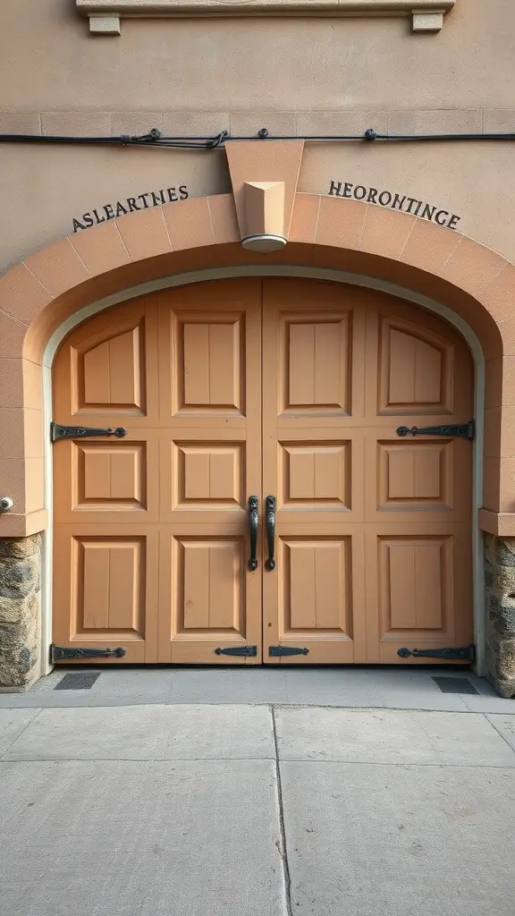 A vintage-style garage door with decorative hardware in a warm color