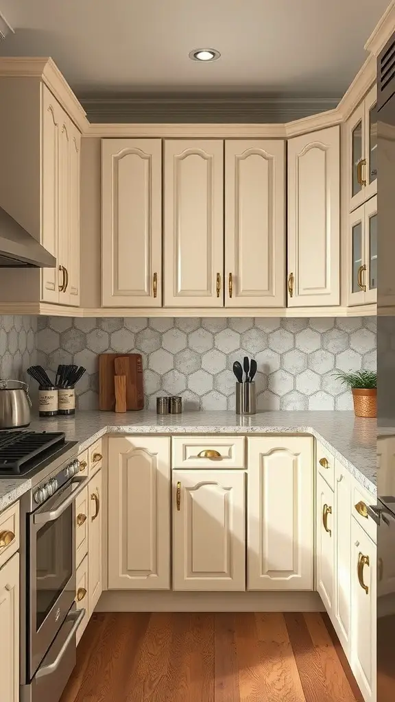 21 Stunning Luxury Kitchen Design Ideas for Your Dream Home 6 A vintage-style kitchen with cream cabinetry, hexagonal backsplash, and modern appliances.