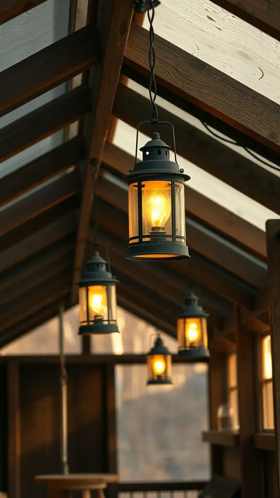 15 Creative Chicken Coop Decor Ideas to Enhance Your Backyard 5 Vintage lanterns hanging in a wooden structure, providing warm light in a cozy setting.