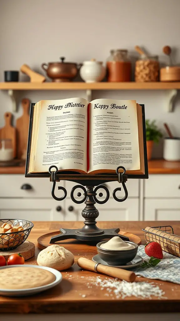 Vintage cookbook stand with an open cookbook and ingredients on a kitchen island