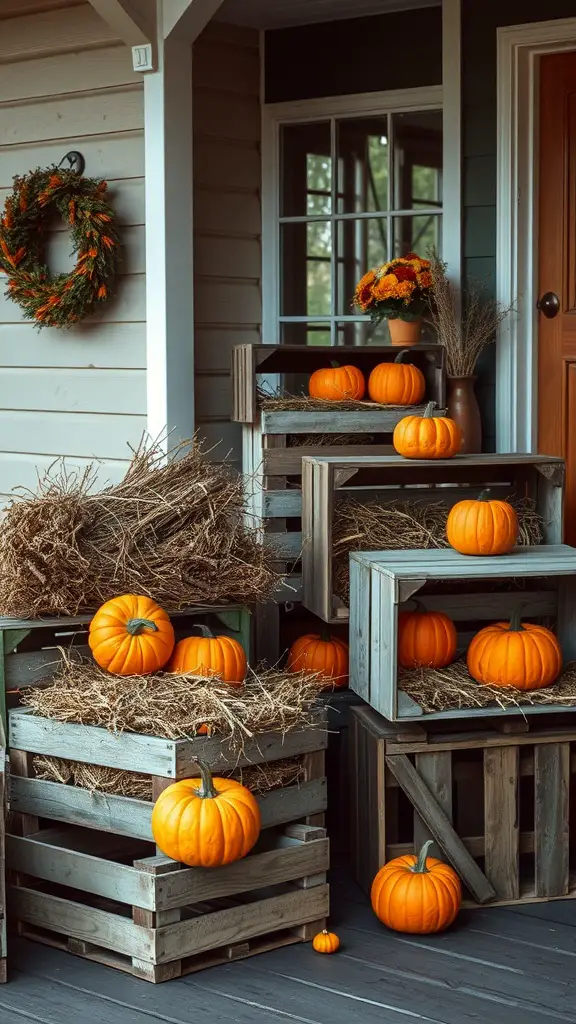 Vintage wooden crates filled with hay and bright orange pumpkins on a porch