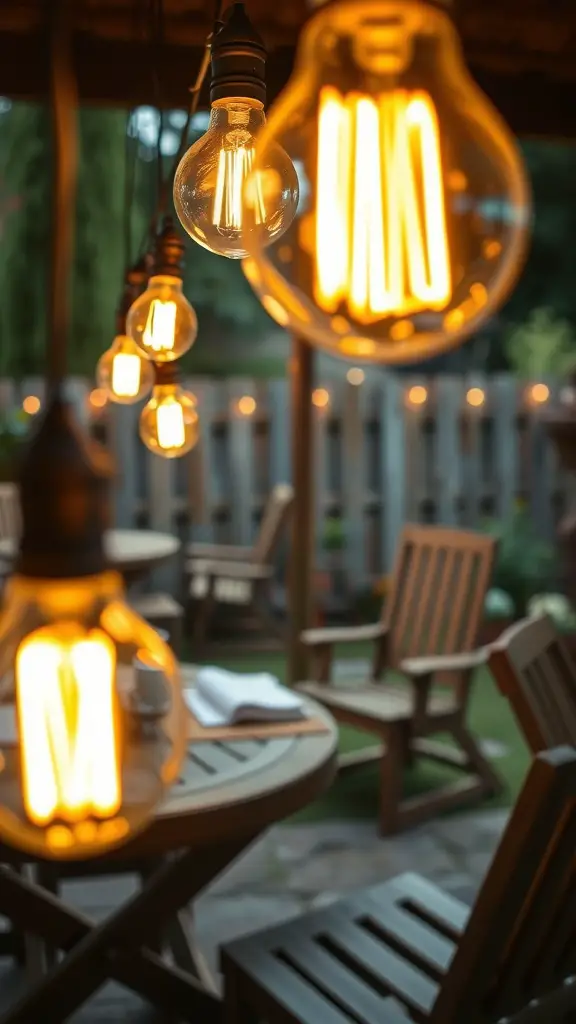 17 Stunning Backyard String Lights to Transform Your Outdoor Space 8 A close-up view of vintage Edison bulbs hanging above a wooden table in a cozy backyard setting.