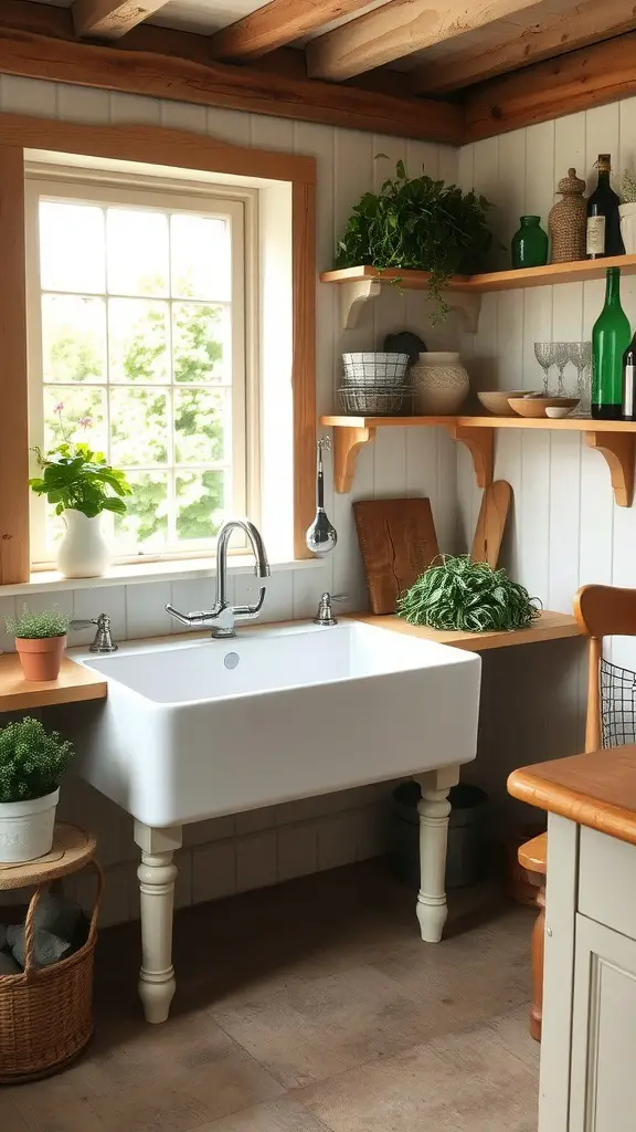 A vintage farmhouse sink in a cozy kitchen with wooden shelves and plants