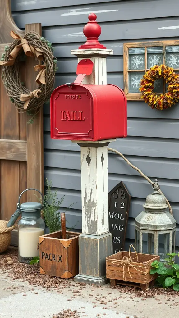 A vintage red mailbox on a wooden post, surrounded by rustic decor and greenery.