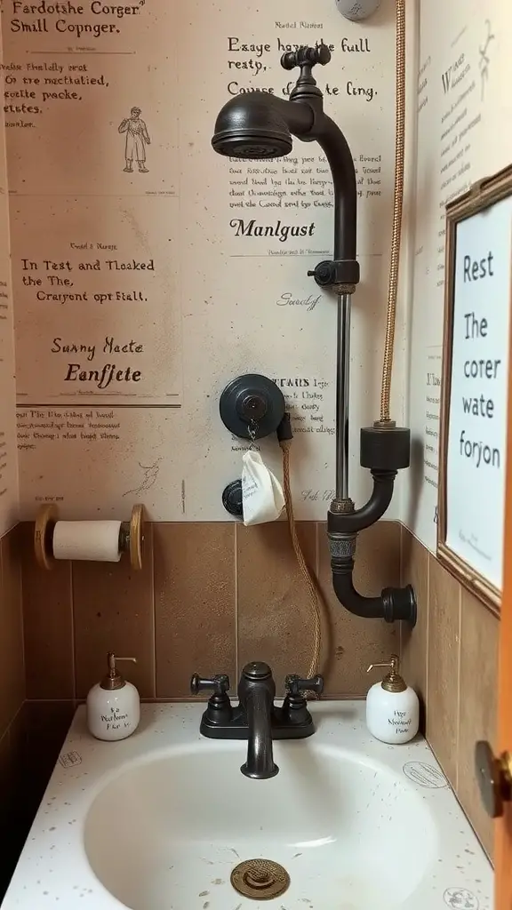 A rustic small bathroom featuring vintage black metal fixtures and a classic sink with decorative wall elements.