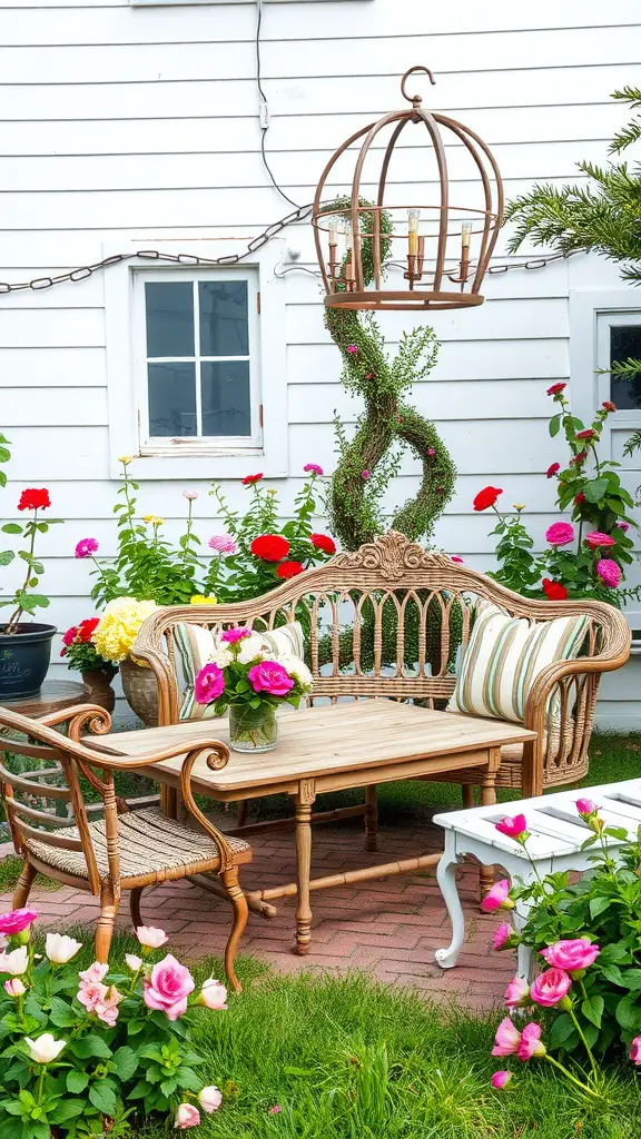 A cozy garden space featuring vintage wicker furniture, colorful flowers, and a hanging lantern.